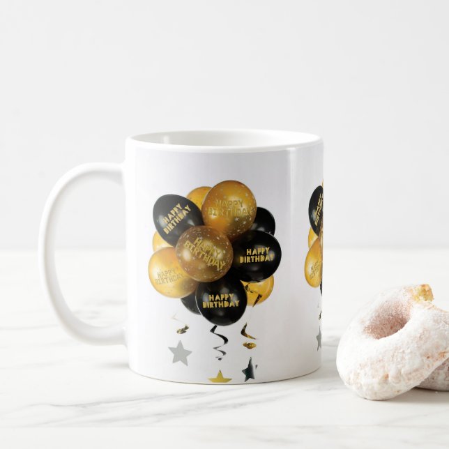 Happy Birthday Tasse Black Gold Balloons (Mit Donut)