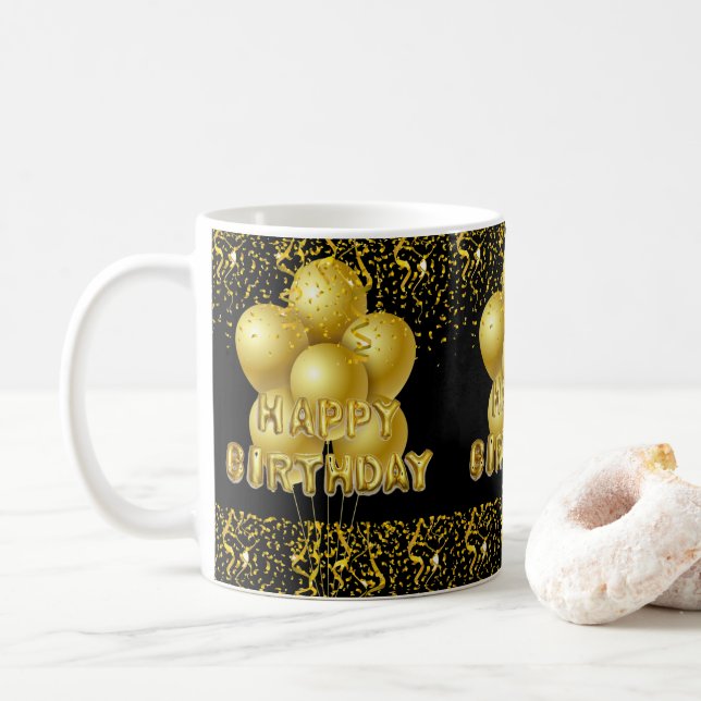 Happy Birthday Tasse Black Gold Confetti (Mit Donut)
