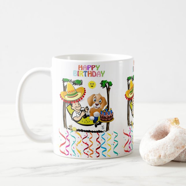 Happy Birthday Tasse Man Dog Sombrero (Mit Donut)