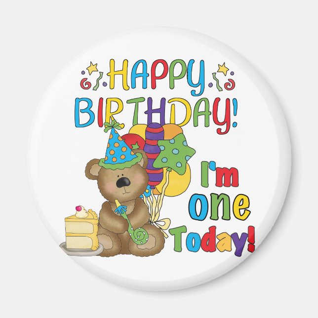 Happy Birthday Teddy Bär 1. T - Shirt und Geschenk Magnet (Vorne)
