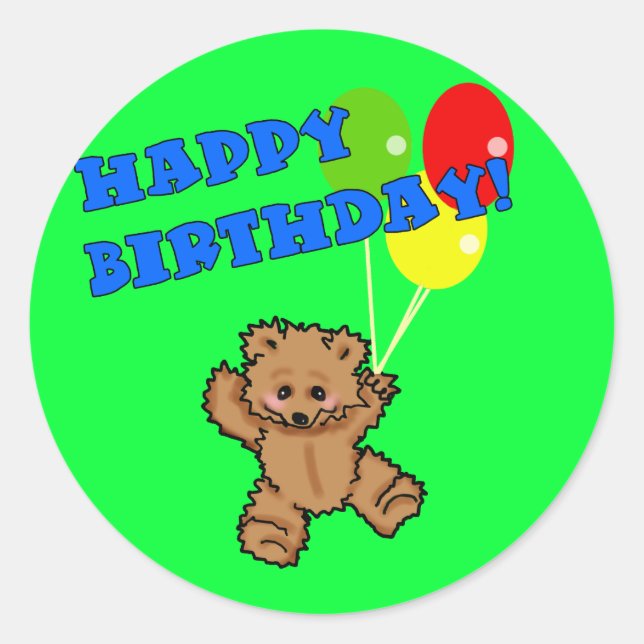 Happy Birthday Teddy Bär mit Balloons Runder Aufkleber (Vorderseite)