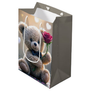 Happy Birthday Teddy Bär mit Rote Rose Mittlere Geschenktüte