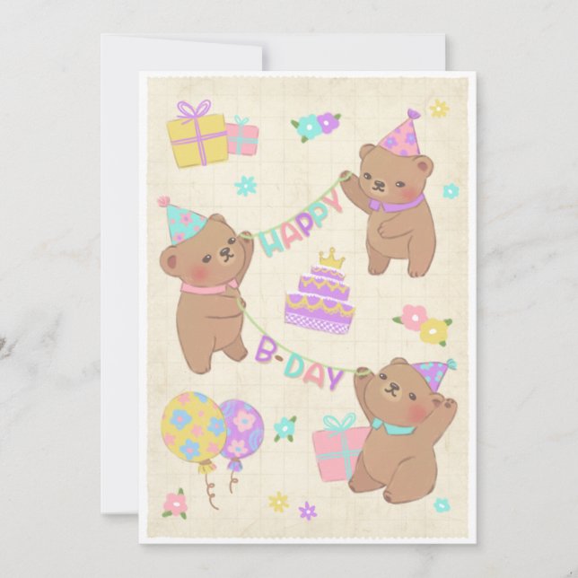 Happy Birthday Teddy Bears Illustration Einladung (Vorderseite)