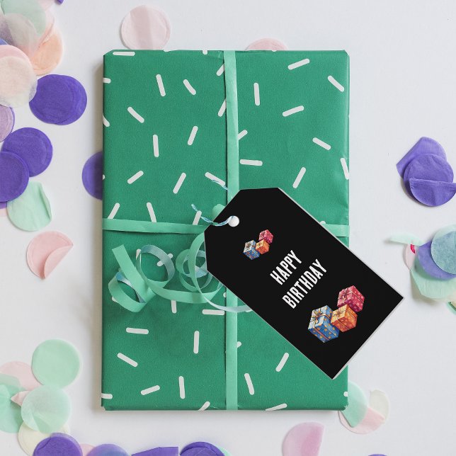  Happy Birthday text and gift boxes images black  Geschenkanhänger (Von Creator hochgeladen)
