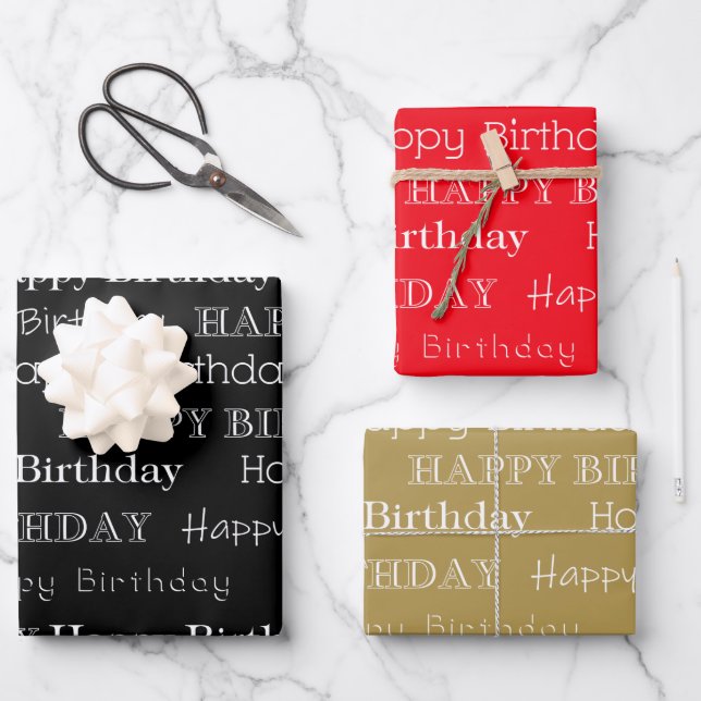Happy Birthday Text Covered Black Red Gold Geschenkpapier Set (Vorderseite)