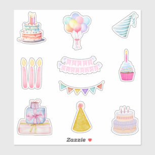 Happy Birthday Torte, Ballons, Kerzen Aufkleber