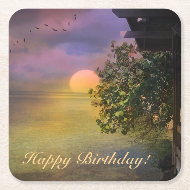 Happy Birthday Tropical Sunset Rechteckiger Pappuntersetzer (Vorderseite)