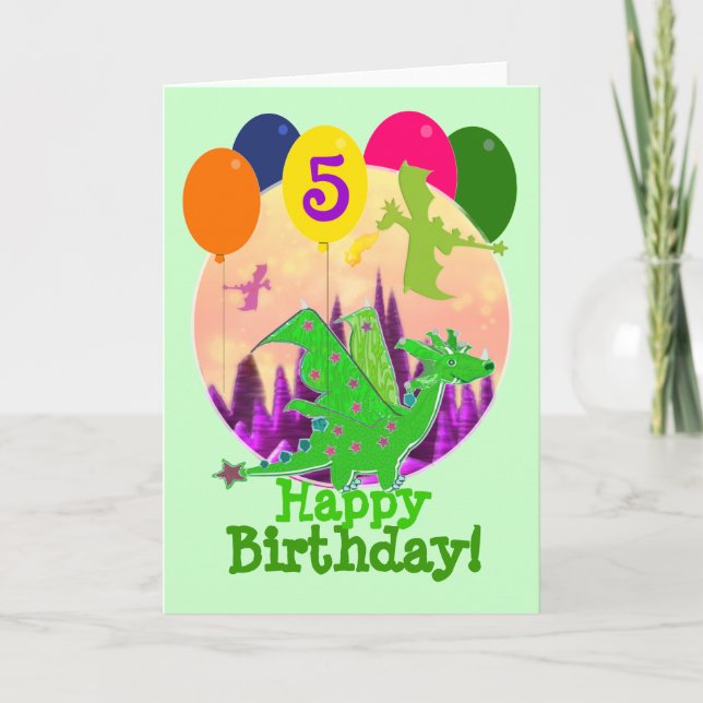 Happy Birthday Turning 5 Balloons Niedlich Dragon Karte (Vorderseite)