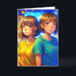 Happy Birthday Twin Sister | Anime Girls Karte<br><div class="desc">Geburtskarte für eine Zwillingsschwester. Farbenfrohe Anime Kids in der Stadt ai art. generativekonzent</div>
