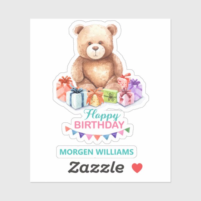 Happy Birthday Typografie niedlich Teddy Bär Aufkleber (Blatt)