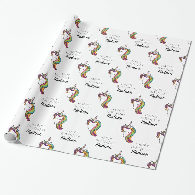 Happy Birthday | Unicorn Name hinzufügen Geschenkpapier (Ungerollt)