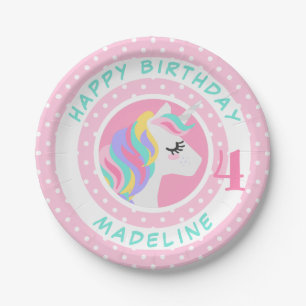 Happy Birthday Unicorn Pastel Polka Dots Pappteller