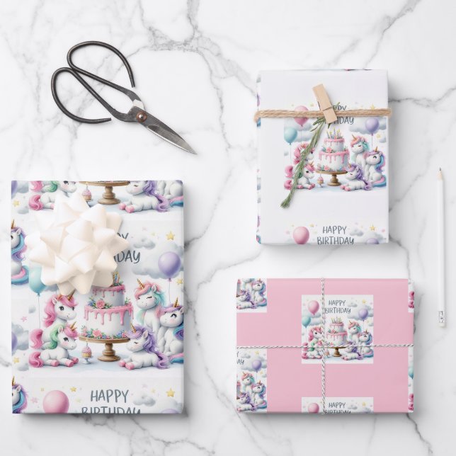 Happy Birthday Unicorn Themed Geschenkpapier Set (Vorderseite)