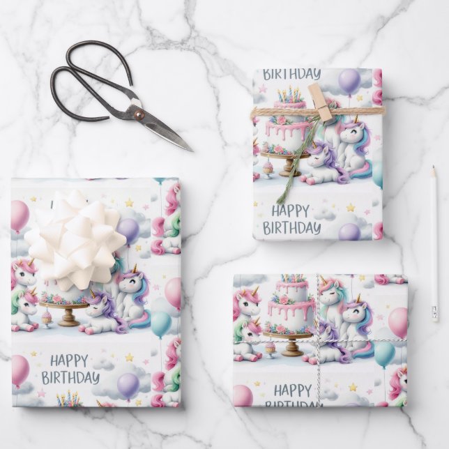 Happy Birthday Unicorn Themed Geschenkpapier Set (Vorderseite)