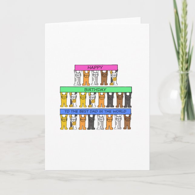 Happy Birthday Vater Cartoon Katzen mit Bannern Karte (Vorderseite)