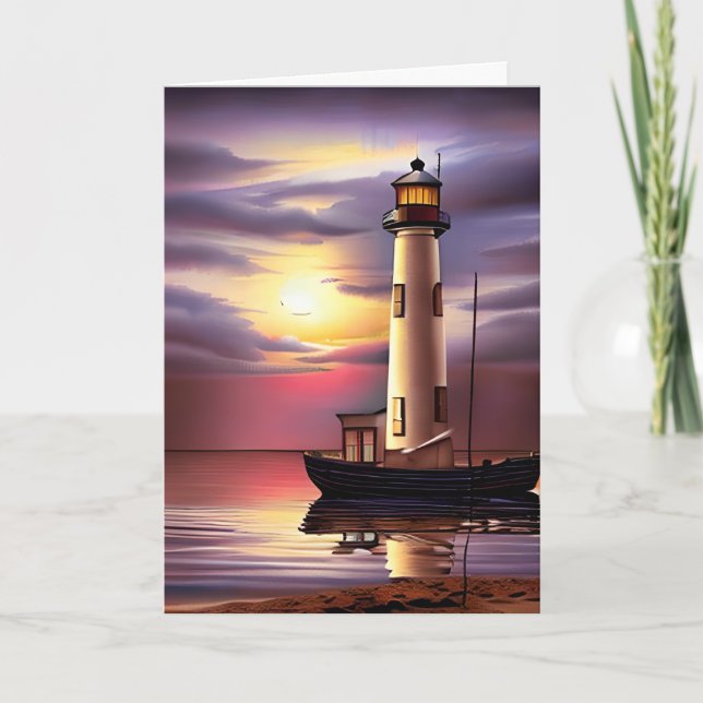 Happy Birthday Vater | Leuchtturm, Segelboot, Sonn Karte (Vorderseite)