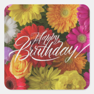 Happy Birthday Vibranly farbenfrohe Frühlingsblume Quadratischer Aufkleber