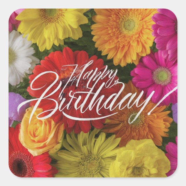 Happy Birthday Vibranly farbenfrohe Frühlingsblume Quadratischer Aufkleber (Vorderseite)