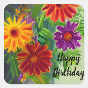 Happy Birthday Vibranly farbenfrohe Frühlingsblume Quadratischer Aufkleber
