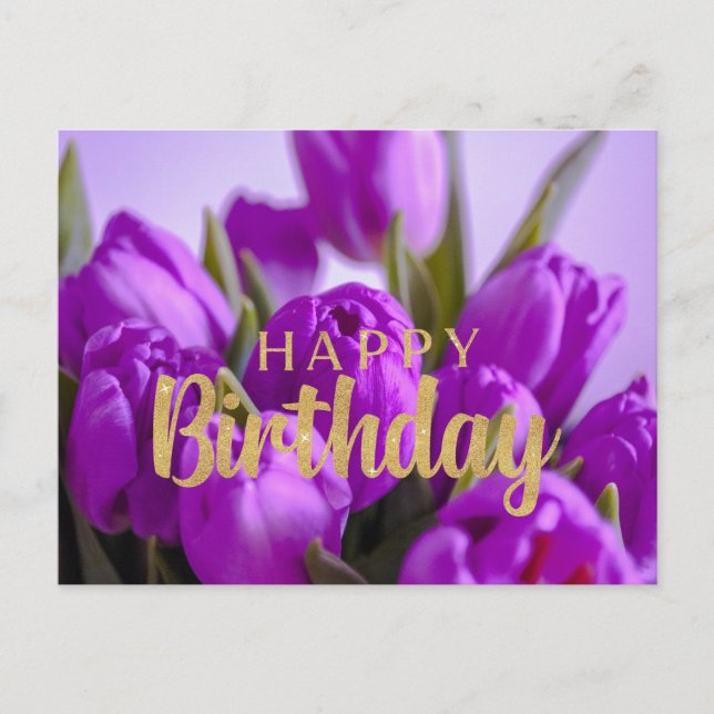 Happy Birthday Vibrant Lila Tulip Blume Postkarte (Vorderseite)
