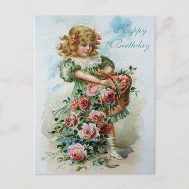 Happy Birthday Viktorianisch Post Card Rosa Rosen Postkarte (Vorderseite)