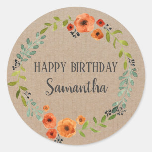 Happy Birthday Vintag Floral Wreath Craft Rosa Runder Aufkleber