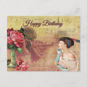 Happy Birthday Vintag Lady mit Rose Postkarte