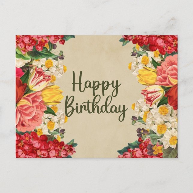 Happy Birthday Vintag Spring Blumen Postkarte (Vorderseite)