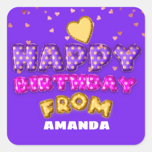Happy Birthday von Name Balloons Rosa Herz Comix Quadratischer Aufkleber