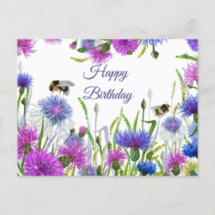 Happy Birthday Wasserfarbe Lila, Blaue Kornblumen Postkarte
