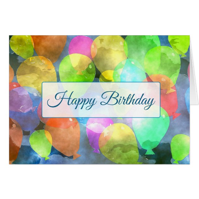 Happy Birthday Watercolor Balloons Card (Vorderseite (Horizontal))