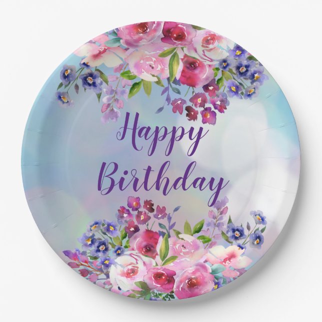 Happy Birthday Watercolor Blume Papier Teller (Vorderseite)