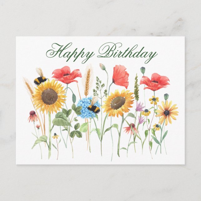 Happy Birthday Watercolor Blume Postkarte (Vorderseite)
