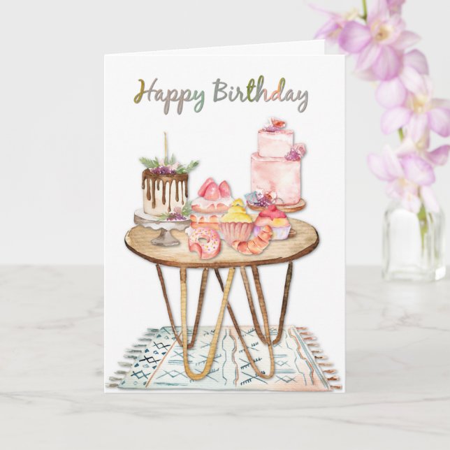 Happy Birthday Watercolor Cake and Patries Karte (Orchidee)