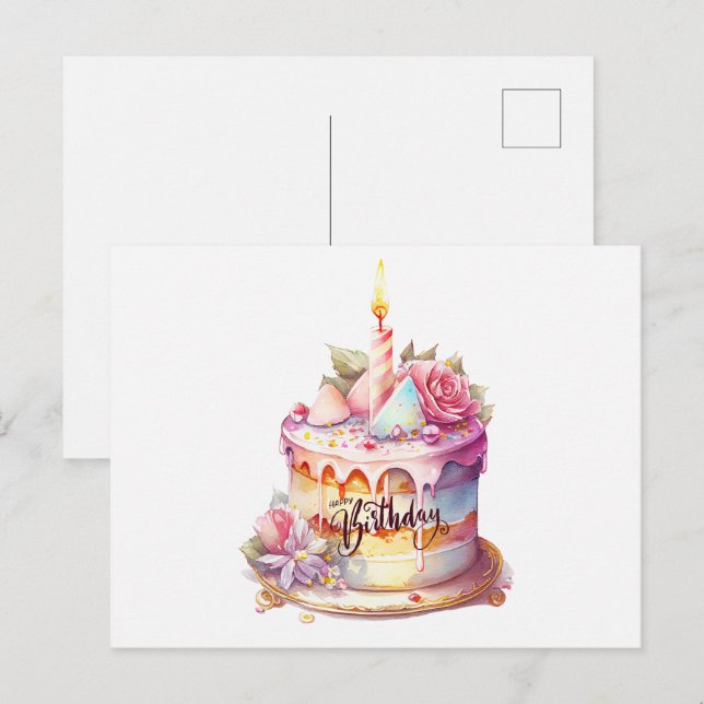 Happy Birthday Watercolor Cake mit Blume Postkarte (Vorne/Hinten)