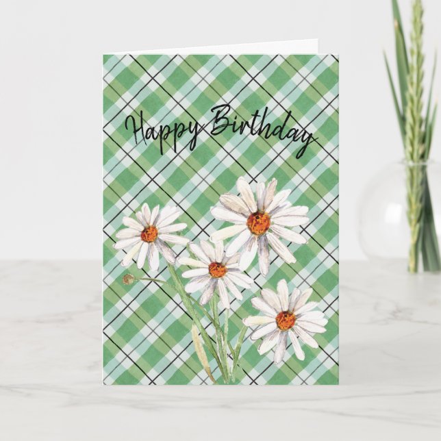 Happy Birthday Watercolor Daisy auf Kariert Karte (Vorderseite)