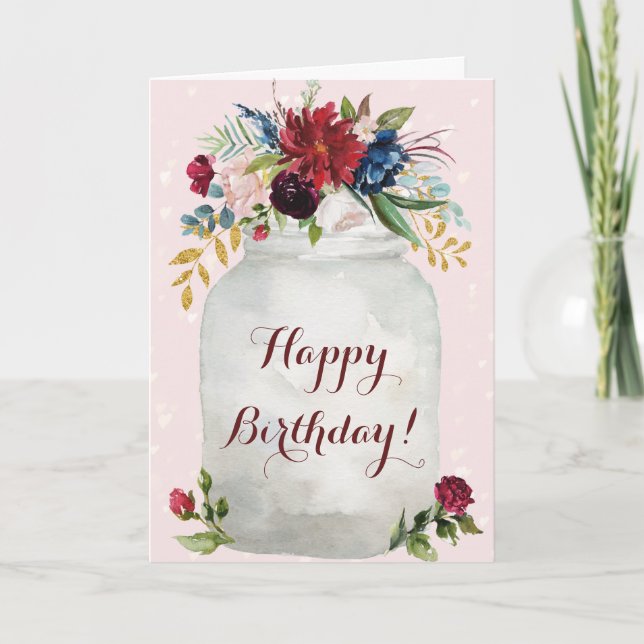 Happy Birthday Watercolor Floral Mason Jar Karte (Vorderseite)
