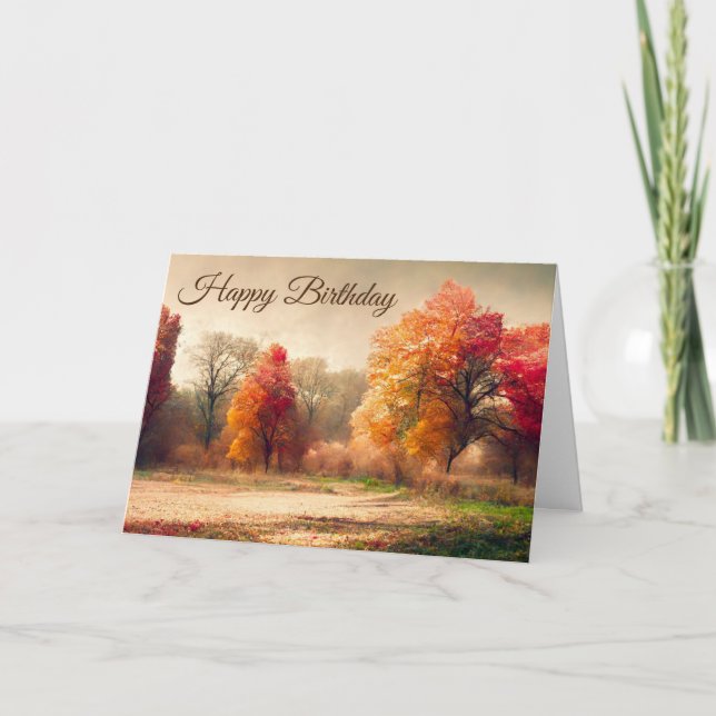 Happy Birthday Watercolor Herbstwald Landschaft Karte (Vorderseite)