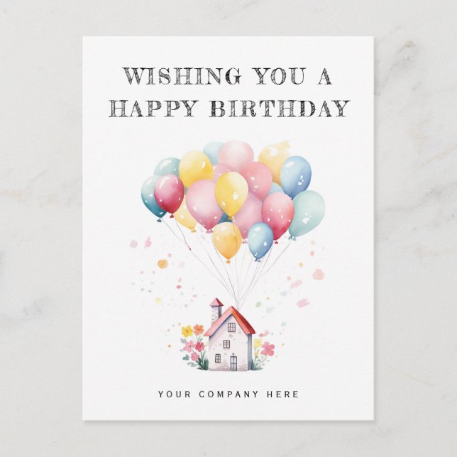 Happy Birthday Watercolor House Balloons Realty Postkarte (Vorderseite)
