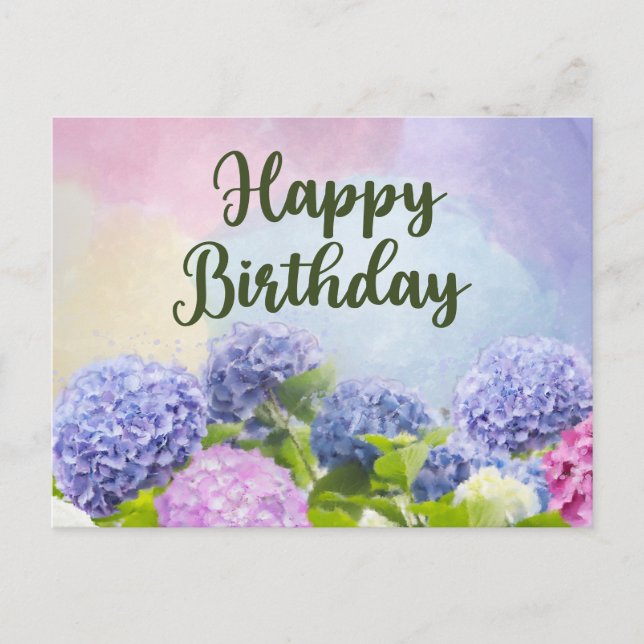 Happy Birthday Watercolor Hydrangea Blume Postkarte (Vorderseite)