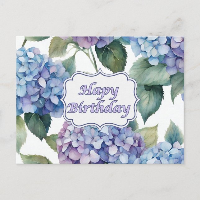 Happy Birthday Watercolor Hydrangea Blume Postkarte (Vorderseite)