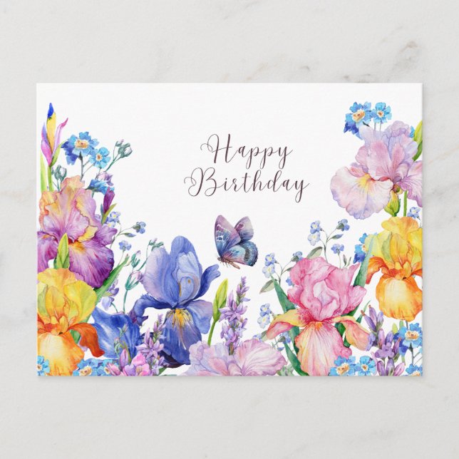 Happy Birthday Watercolor Iris Blume und Garten Postkarte (Vorderseite)