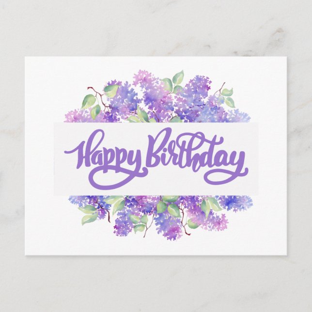 Happy Birthday Watercolor Lila Lilac Blume Postkarte (Vorderseite)