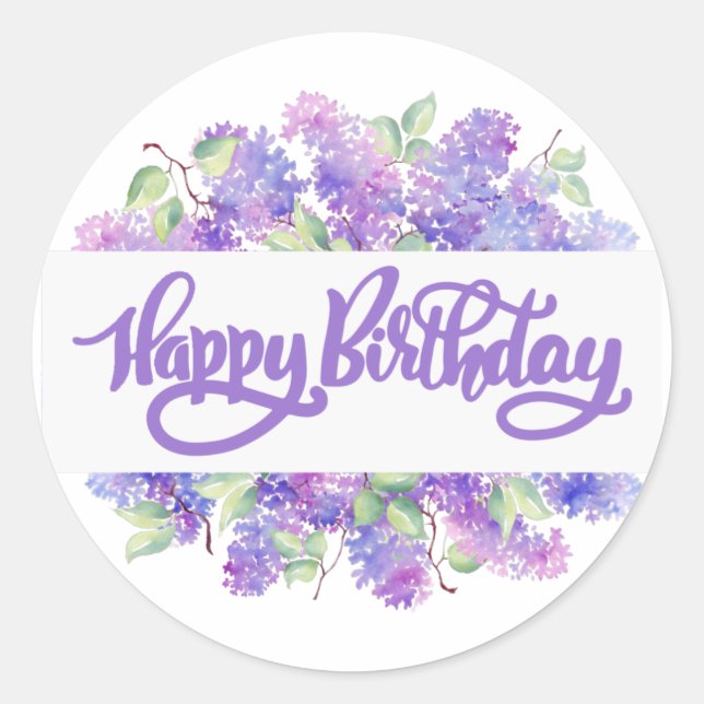 Happy Birthday Watercolor Lila Lilac Blume Runder Aufkleber (Vorderseite)
