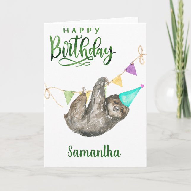 Happy Birthday Watercolor Niedlich Sloth Karte (Vorderseite)