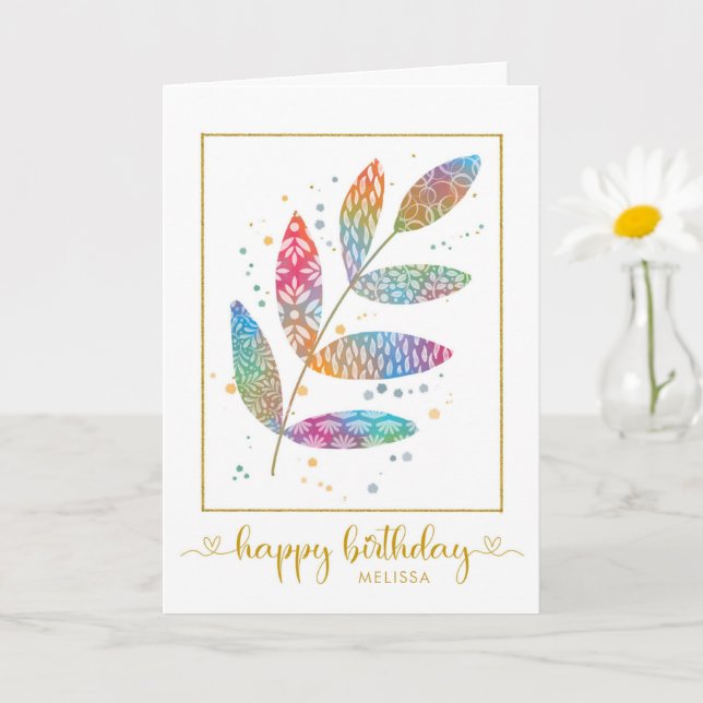 Happy Birthday Watercolor Pattern Blätter Karte (Kleine Pflanze)