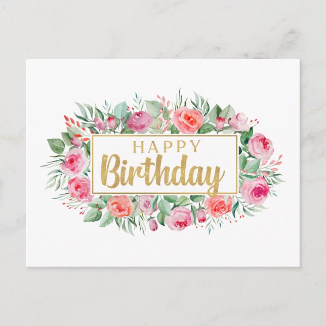 Happy Birthday Watercolor Pink Roses Postkarte (Vorderseite)