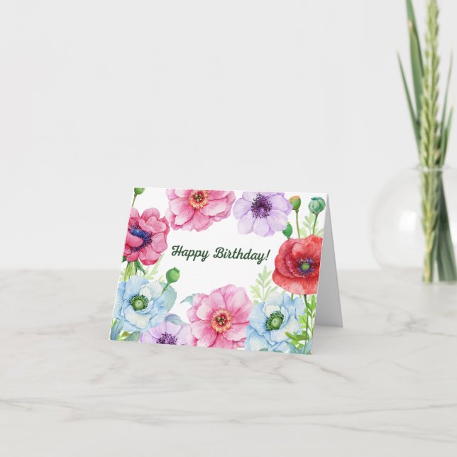 Happy Birthday Watercolor Poppy Blume Karte (Vorderseite)