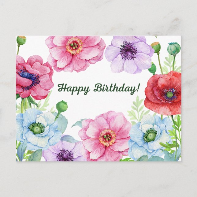 Happy Birthday Watercolor Poppy Blume Postkarte (Vorderseite)
