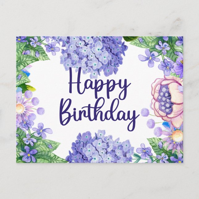 Happy Birthday Watercolor Purple Blumen Postkarte (Vorderseite)